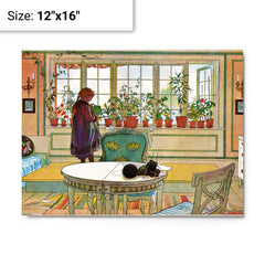 Flowers On The Windowsill by Carl Larsson metal print on a plain backdrop in size 12"x16".