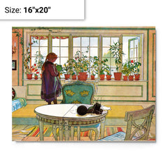 Flowers On The Windowsill by Carl Larsson metal print on a plain backdrop in size 16"x20".