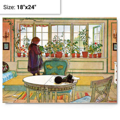 Flowers On The Windowsill by Carl Larsson metal print on a plain backdrop in size 18"x24".