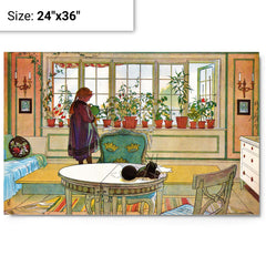 Flowers On The Windowsill by Carl Larsson metal print on a plain backdrop in size 24"x36".