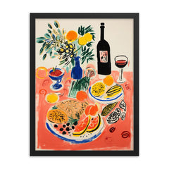 Food Table - Still Life Kitchen Wall Decor - Raoul Dufy Style framed print on a plain backdrop in size 18"x24".