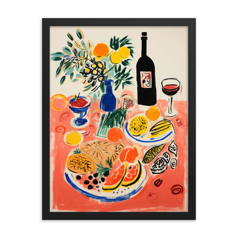 Food Table - Still Life Kitchen Wall Decor - Raoul Dufy Style framed print on a plain backdrop in size 18