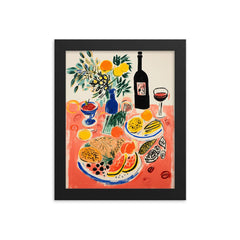 Food Table - Still Life Kitchen Wall Decor - Raoul Dufy Style framed print on a plain backdrop in size 8"x10".