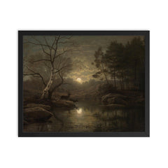 Forest Landscape in the Moonlight by Georg Eduard Otto Saal, 1861 framed print on a plain backdrop in size 16"x20".