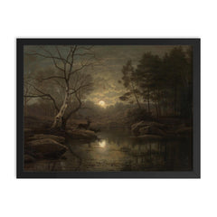 Forest Landscape in the Moonlight by Georg Eduard Otto Saal, 1861 framed print on a plain backdrop in size 18"x24".