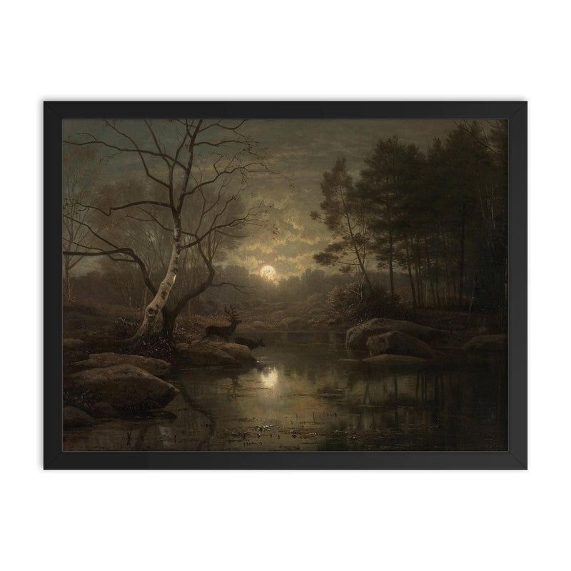 Forest Landscape in the Moonlight by Georg Eduard Otto Saal, 1861 framed print on a plain backdrop in size 18