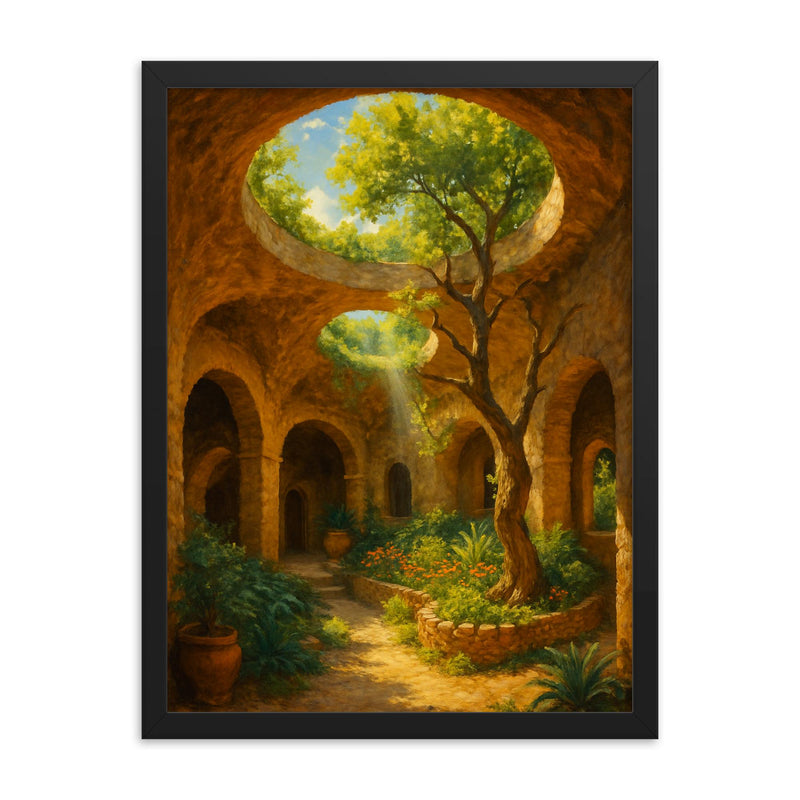 Forestiere Underground Gardens California USA framed print on a plain backdrop in size 18
