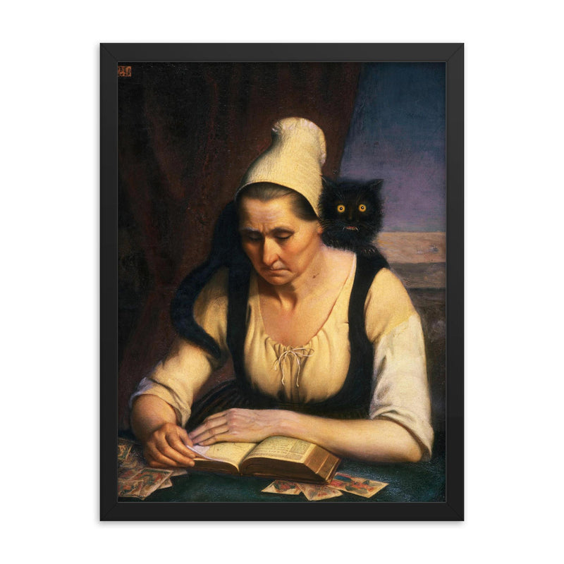 Fortune Teller Studying a Book of Necromancy by Clementine Dondey, 1847 framed print on a plain backdrop in size 18