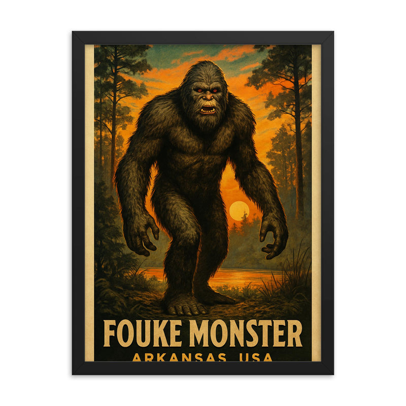 Fouke Monster Arkansas USA framed print on a plain backdrop in size 18