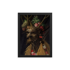 Four Seasons in One Head by Giuseppe Arcimboldo, 1590 framed print on a plain backdrop in size 12"x16".