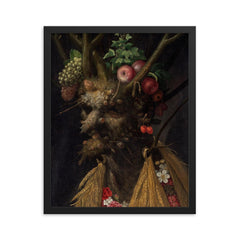 Four Seasons in One Head by Giuseppe Arcimboldo, 1590 framed print on a plain backdrop in size 16"x20".