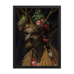 Four Seasons in One Head by Giuseppe Arcimboldo, 1590 framed print on a plain backdrop in size 18"x24".