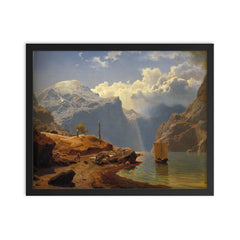 Fra Hardanger by Hans Gude, 1847 framed print on a plain backdrop in size 16"x20".