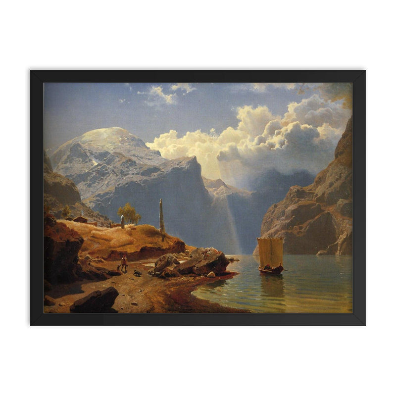 Fra Hardanger by Hans Gude, 1847 framed print on a plain backdrop in size 18