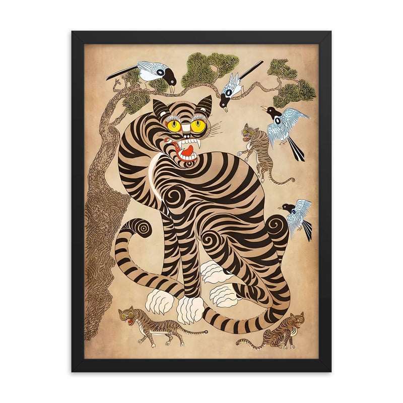 Framed Vintage Korean Minhwa Tiger and Magpie framed print on a plain backdrop in size 18