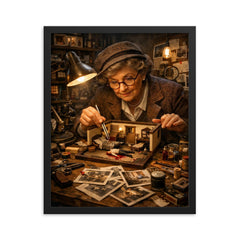 Frances Glessner Lee miniature crime scene workshop framed print on a plain backdrop in size 16"x20".