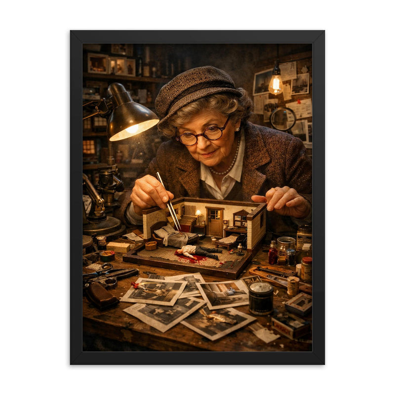 Frances Glessner Lee miniature crime scene workshop framed print on a plain backdrop in size 18