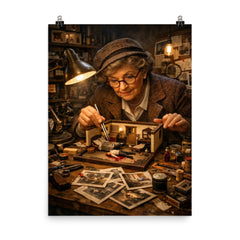 Frances Glessner Lee miniature crime scene workshop poster on a plain backdrop in size 8"x10".