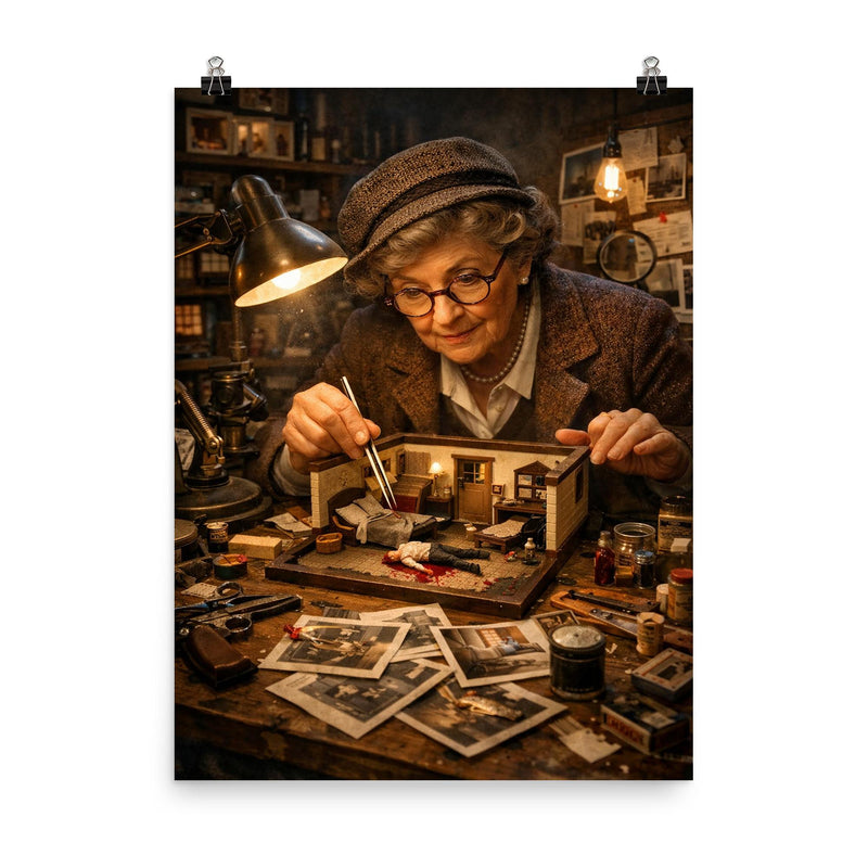 Frances Glessner Lee miniature crime scene workshop poster on a plain backdrop in size 8