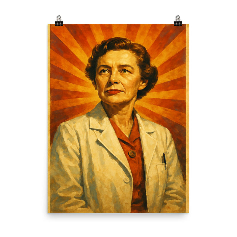 Frances Oldham Kelsey poster on a plain backdrop in size 8