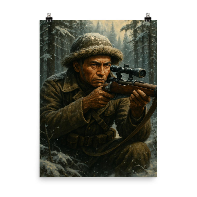 Francis Pegahmagabow sniper portrait in winter forest poster on a plain backdrop in size 8