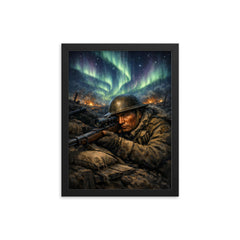 Francis Pegahmagabow trench sniper under northern lights framed print on a plain backdrop in size 12"x16".