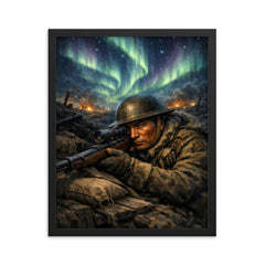 Francis Pegahmagabow trench sniper under northern lights framed print on a plain backdrop in size 16"x20".
