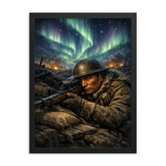 Francis Pegahmagabow trench sniper under northern lights framed print on a plain backdrop in size 18"x24".