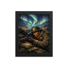 Francis Pegahmagabow trench sniper under northern lights framed print on a plain backdrop in size 8"x10".