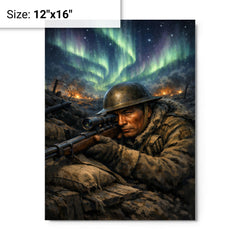 Francis Pegahmagabow trench sniper under northern lights metal print on a plain backdrop in size 12"x16".
