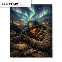 Francis Pegahmagabow trench sniper under northern lights metal print on a plain backdrop in size 16"x20".