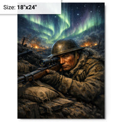 Francis Pegahmagabow trench sniper under northern lights metal print on a plain backdrop in size 18"x24".
