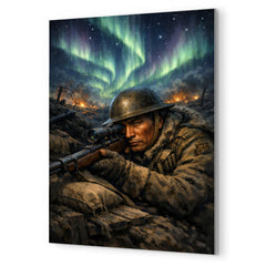 Francis Pegahmagabow trench sniper under northern lights metal print mockup