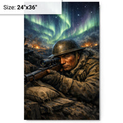 Francis Pegahmagabow trench sniper under northern lights metal print on a plain backdrop in size 24"x36".
