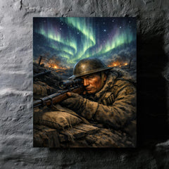 Francis Pegahmagabow trench sniper under northern lights metal print mockup