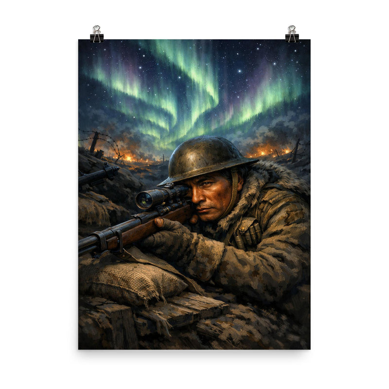 Francis Pegahmagabow trench sniper under northern lights poster on a plain backdrop in size 8
