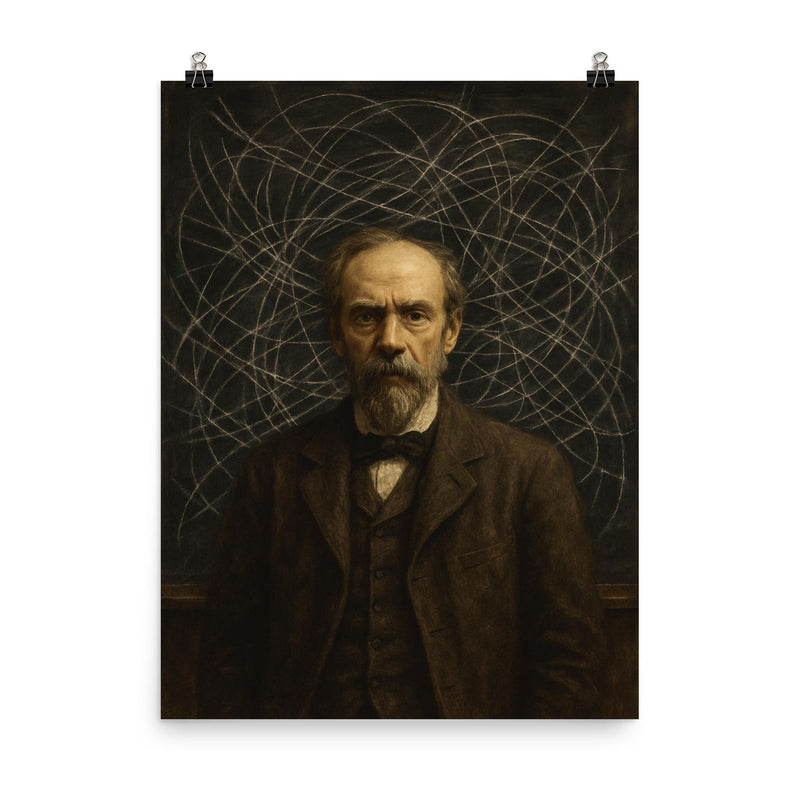 Francis Ysidro Edgeworth amid chaotic indifference curves blackboard poster on a plain backdrop in size 8