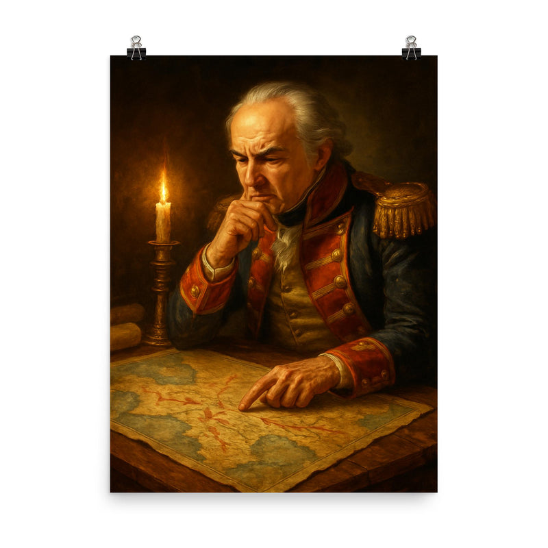 Francisco de Miranda studying invasion maps poster on a plain backdrop in size 8