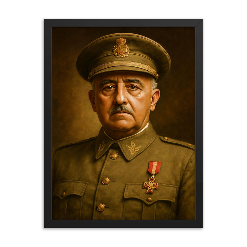 Francisco Franco portrait framed print on a plain backdrop in size 18