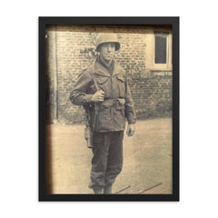 Frank L. Wendel, Cannon Crew Member on 105mm Howitzer, England Before D-Day framed print on a plain backdrop in size 18"x24".