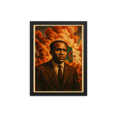 Frantz Fanon beneath Algerian revolution smoke framed print on a plain backdrop in size 12"x16".