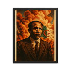 Frantz Fanon beneath Algerian revolution smoke framed print on a plain backdrop in size 16"x20".