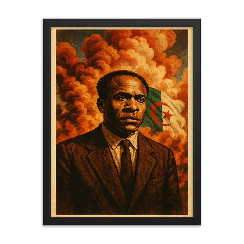 Frantz Fanon beneath Algerian revolution smoke framed print on a plain backdrop in size 18