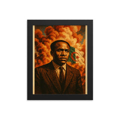Frantz Fanon beneath Algerian revolution smoke framed print on a plain backdrop in size 8"x10".