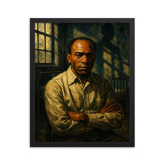 Frantz Fanon in psychiatric ward shadows framed print on a plain backdrop in size 16"x20".