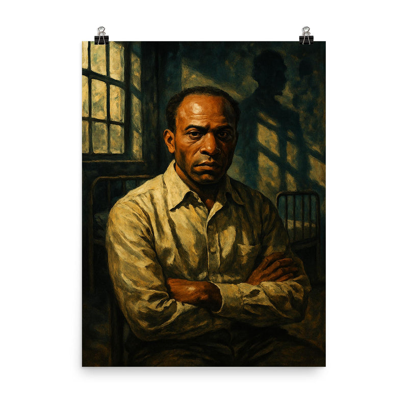 Frantz Fanon in psychiatric ward shadows poster on a plain backdrop in size 8