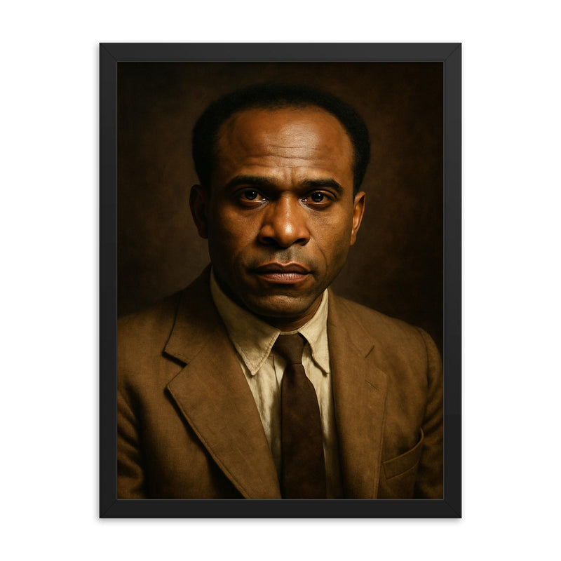 Frantz Fanon portrait framed print on a plain backdrop in size 18