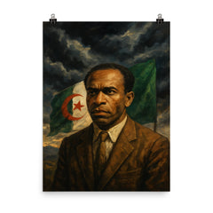 Frantz Fanon under Algerian storm clouds poster on a plain backdrop in size 8"x10".