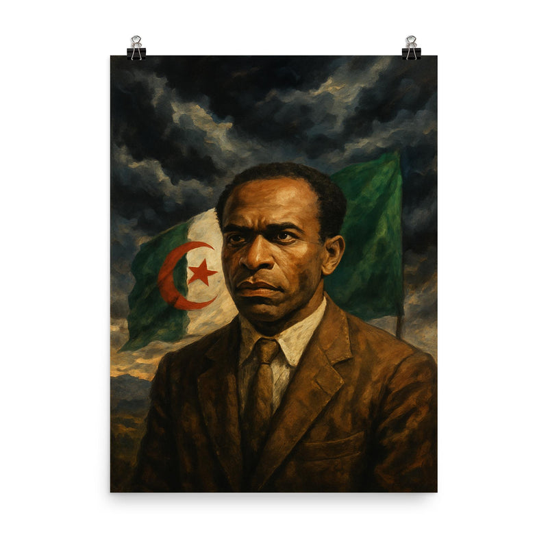 Frantz Fanon under Algerian storm clouds poster on a plain backdrop in size 8