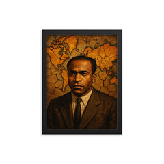 Frantz Fanon with cracked colonial map backdrop framed print on a plain backdrop in size 12"x16".